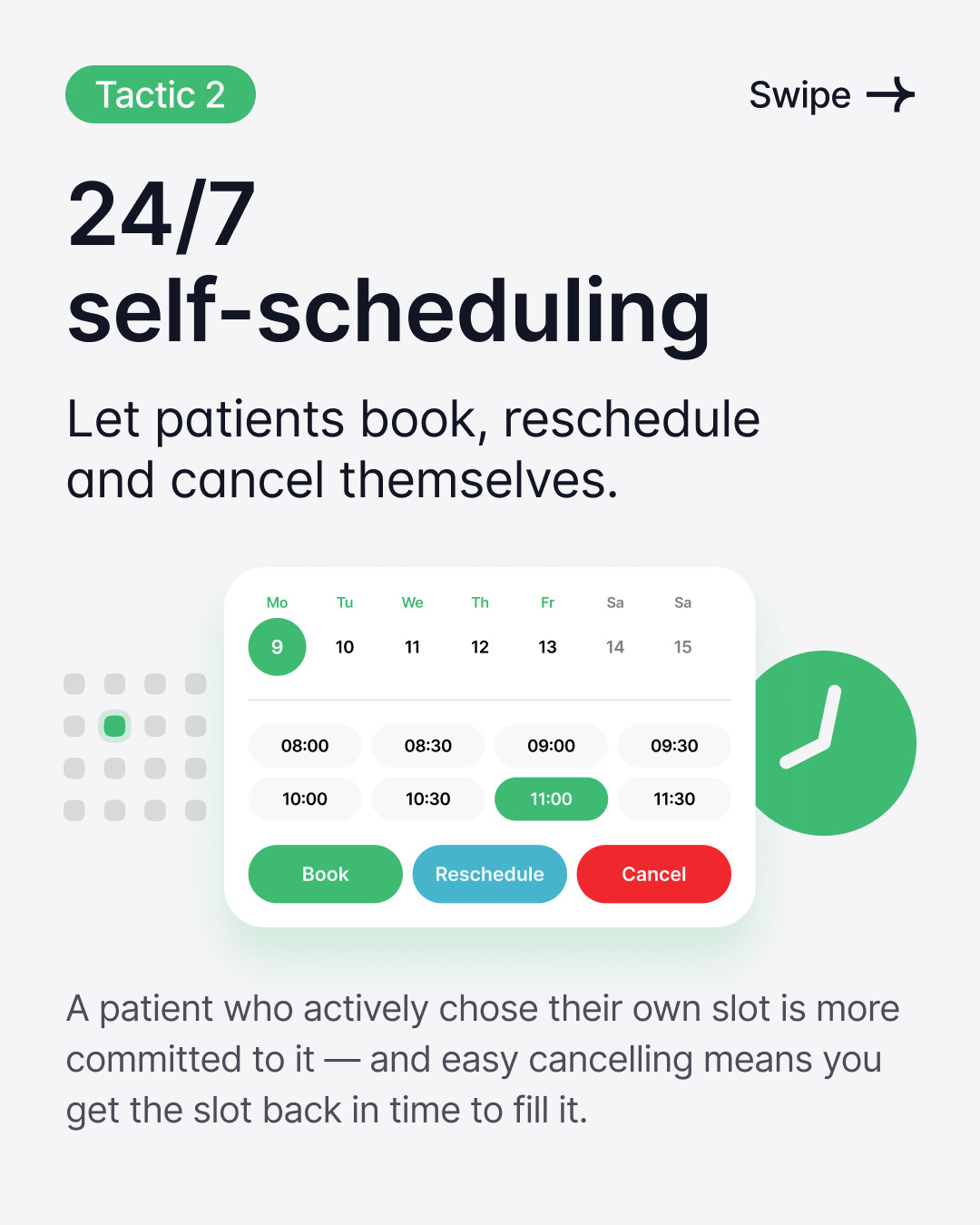 Ein Kalender in der Patienten-App mit Zeitfenstern und Schaltflächen zum Buchen, Umbuchen und Absagen.