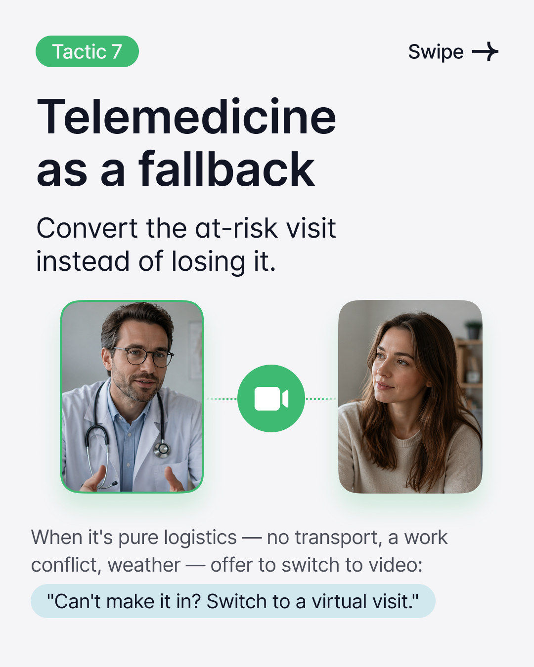 Eine Ärztin und ein Patient, verbunden durch ein Videoanruf-Symbol, das die Umstellung eines gefährdeten Termins auf einen virtuellen veranschaulicht.