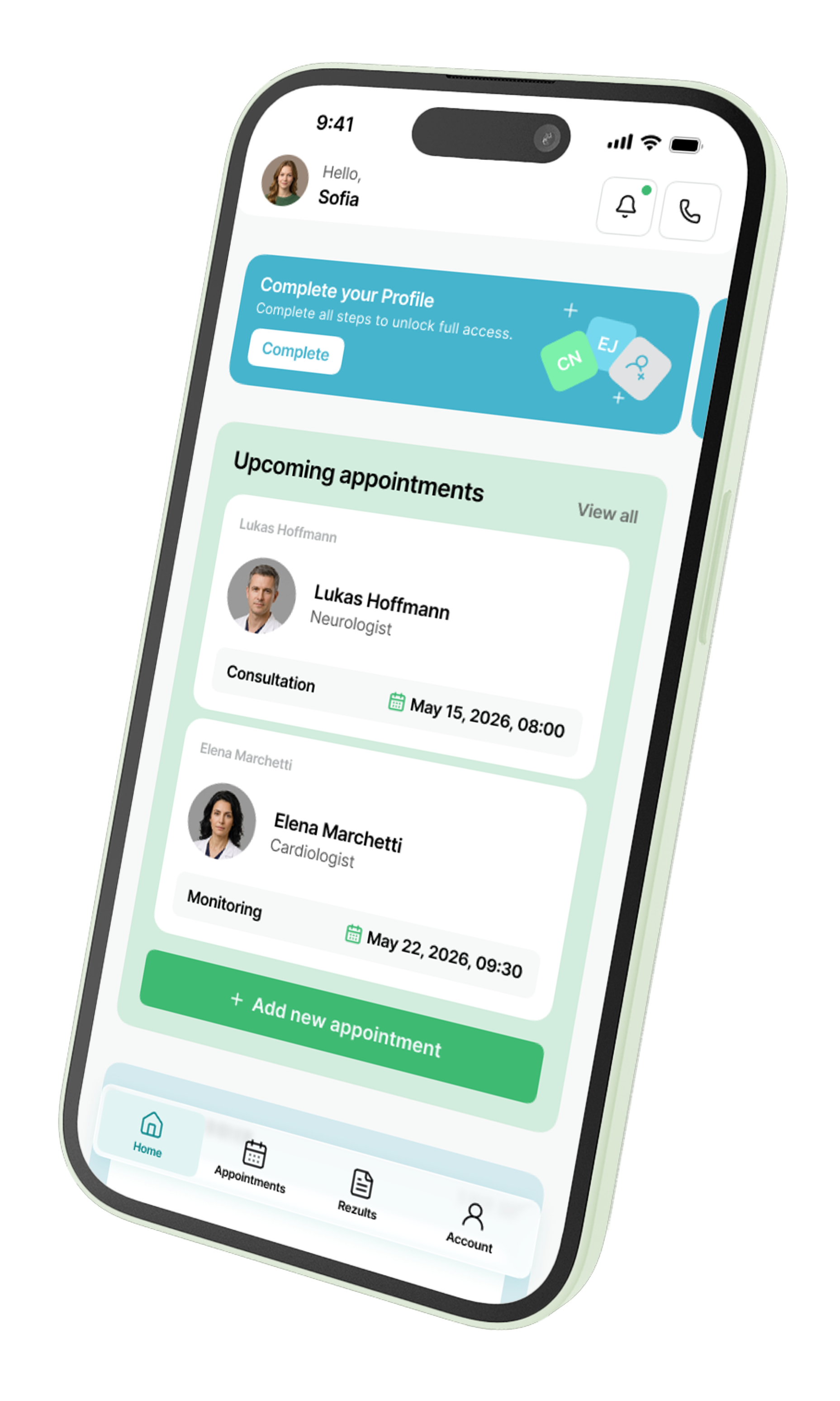 Holty patient app — main screen